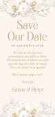 Save the date kaart grote datum met stijlvolle witte bloemen Achterkant