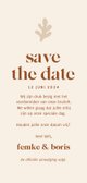 Save the date kaart met abstracte vormen zacht beige Achterkant