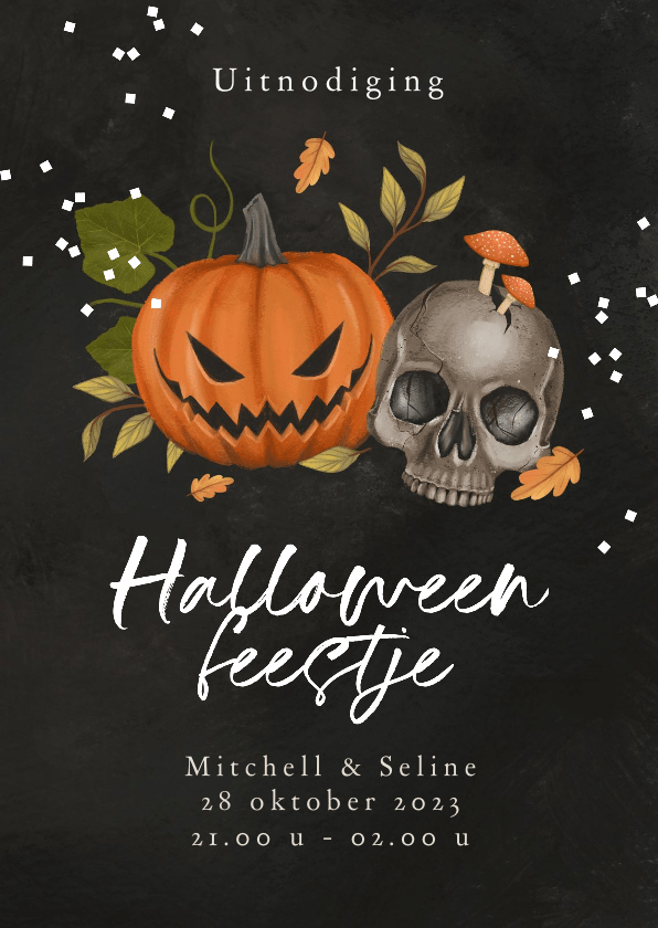 Uitnodiging Halloween pompoen schedel confetti | Kaartje2go