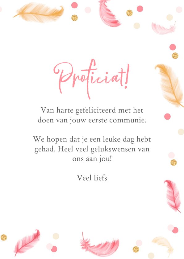 Felicitatiekaart Eerste Communie Veertjes Roze Kaartje2go