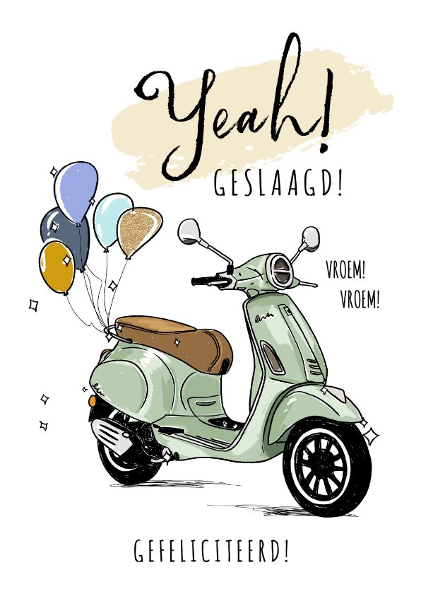 Felicitatiekaart geslaagd rijbewijs brommer Kaartje2go