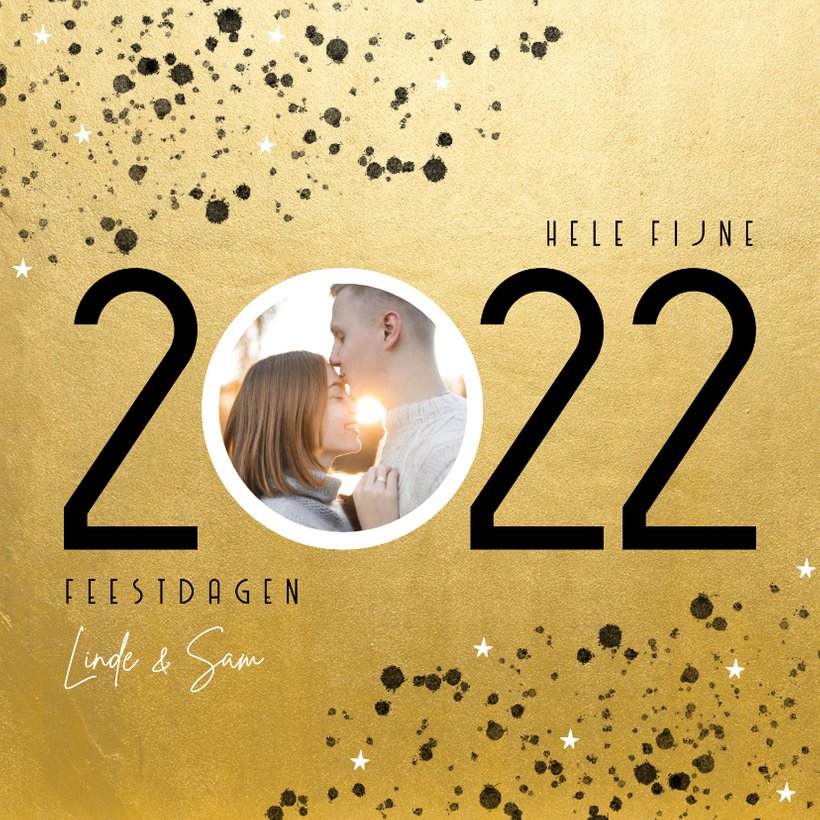 Goudlook kerstkaart 2022 met foto sterren en | Kaartje2go
