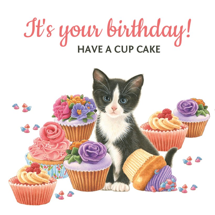 Happy birthday cupcake met kitten | Kaartje2go