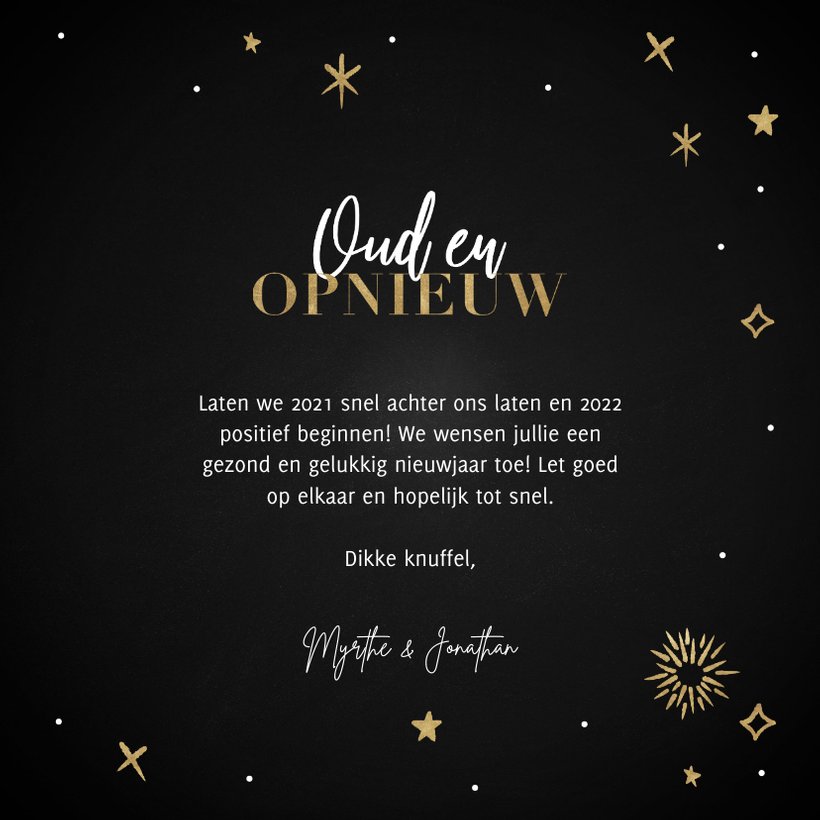 Hippe nieuwjaarskaart Oud en Opnieuw sterren en Kaartje2go