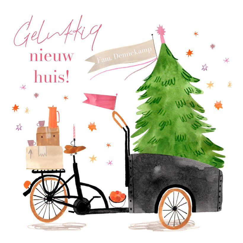 Kerst verhuiskaart bakfiets met kerstboom en Kaartje2go