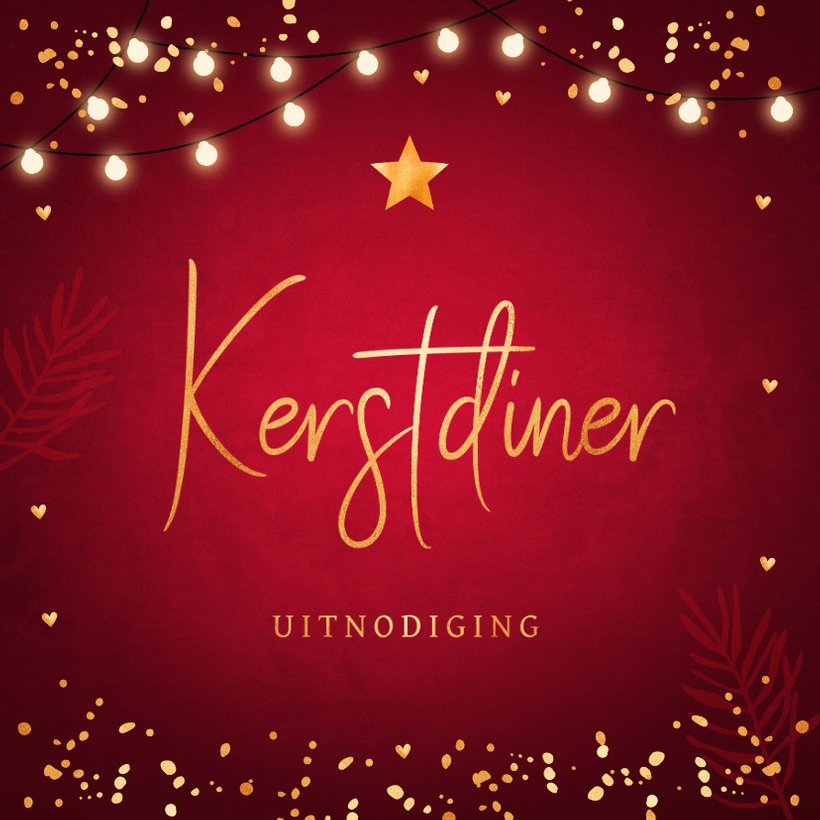 Kerstdiner uitnodiging rood confetti goudlook Kaartje2go