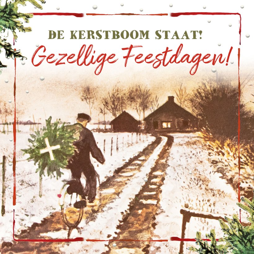 Kerstkaart boer op fiets brengt kerstboom thuis Kaartje2go