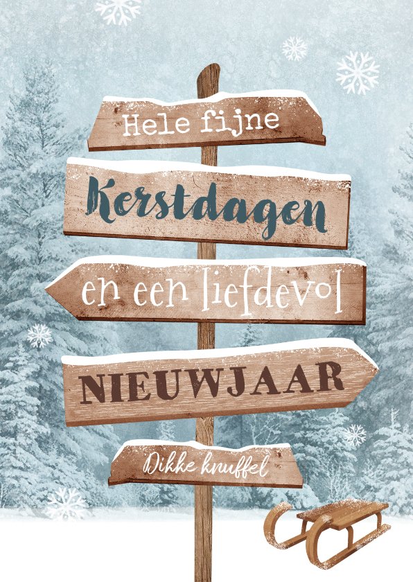 Kerstkaart Houten Wegwijzers Winter Landschap Kaartje2go