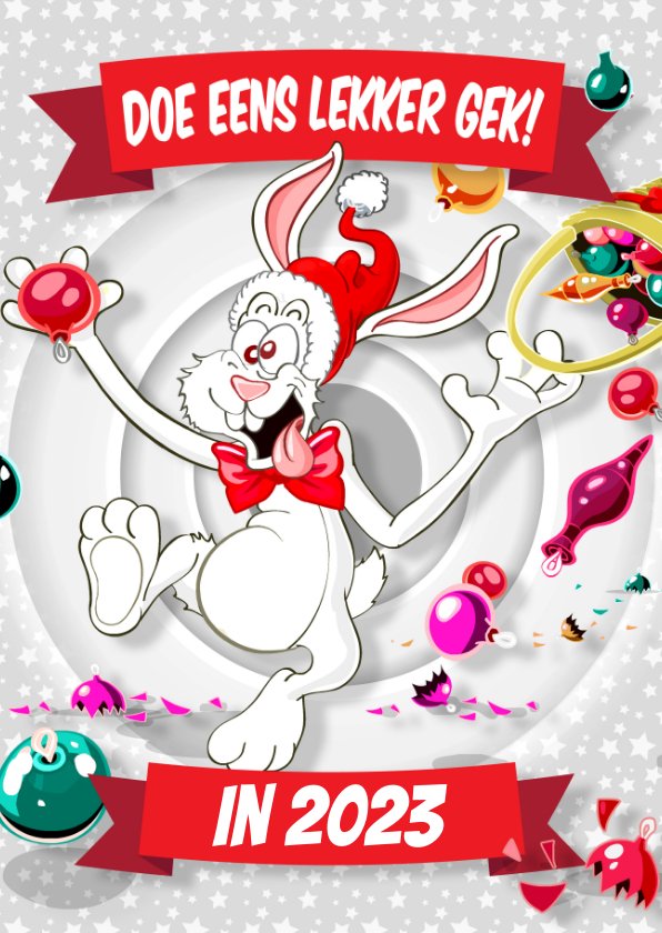 Kerstkaart maffe paashaas smijt kerstballen Kaartje2go