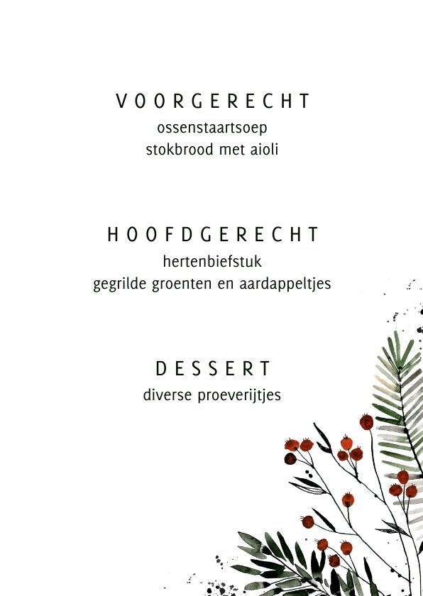 Kerstmenu kaart bessentakjes Kerstkaarten Kaartje2go