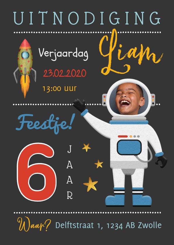 Kinderfeestje astronaut raket sterren superheld | Kaartje2go