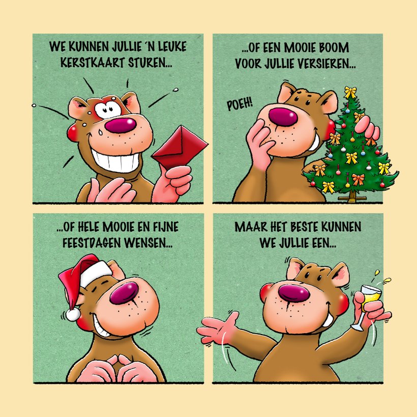 Leuke kerstkaart met beer in 4 groene vlakken Kaartje2go