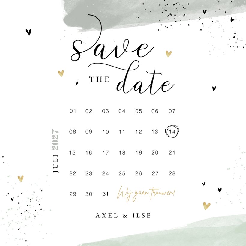 Save the date kaart mint verf hartjes kalender  Kaartje2go