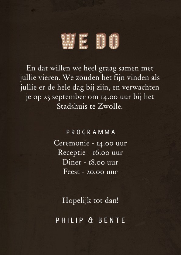 Trouwkaart uitnodiging we do letters met licht | Kaartje2go