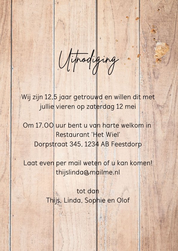 Uitnodiging 12,5 jaar getrouwd hout Kaartje2go