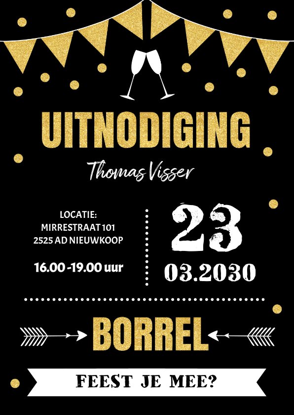Uitnodiging borrel typografie slinger goudlook Kaartje2go