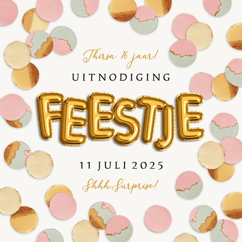 Uitnodiging feestje confetti goud pastel roze | Kaartje2go