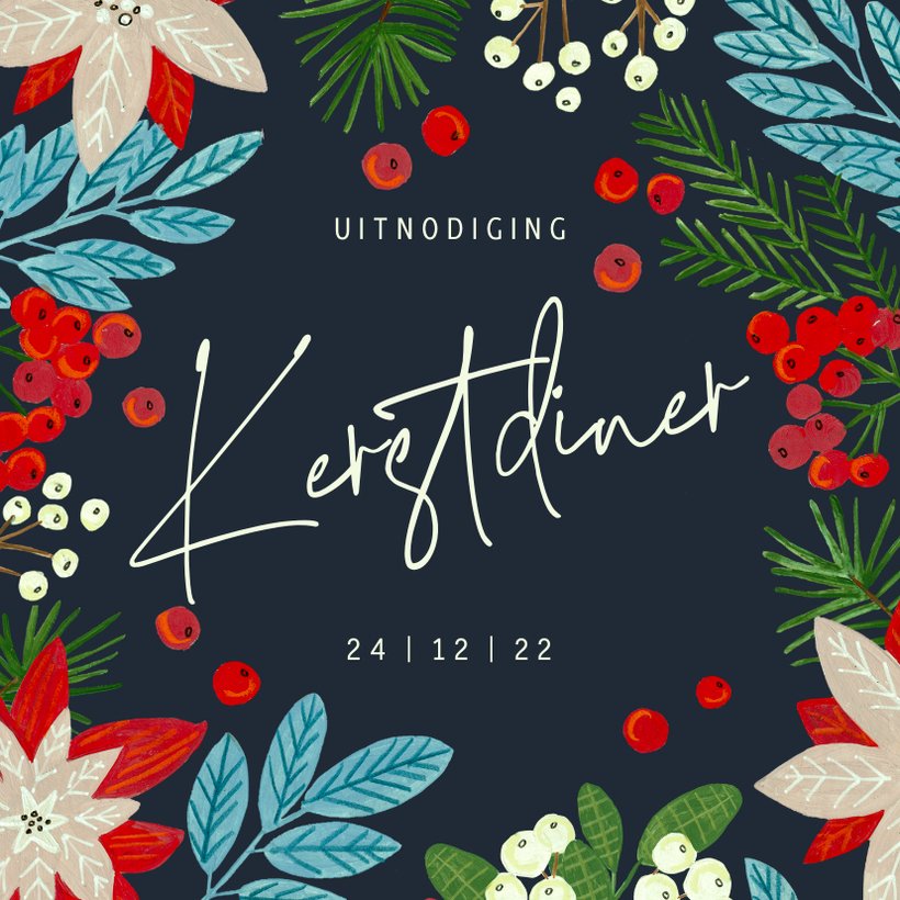 Uitnodiging kerstdiner botanische bloemen kerst Kaartje2go