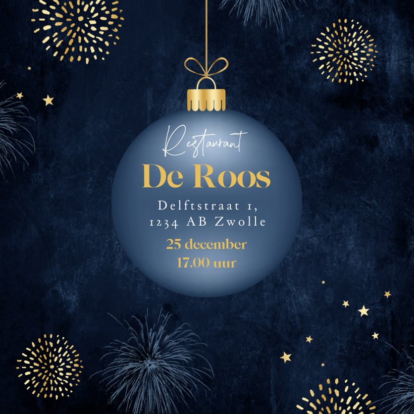 Uitnodiging Kerstdiner Kerstbal Vuurwerk Kaartje2go