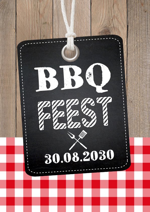 Uitnodiging Tuinfeest BBQ Label Hout Krijtbord | Kaartje2go