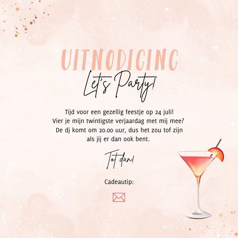 Uitnodiging Verjaardagsfeest Cocktail Waterverf Kaartje Go