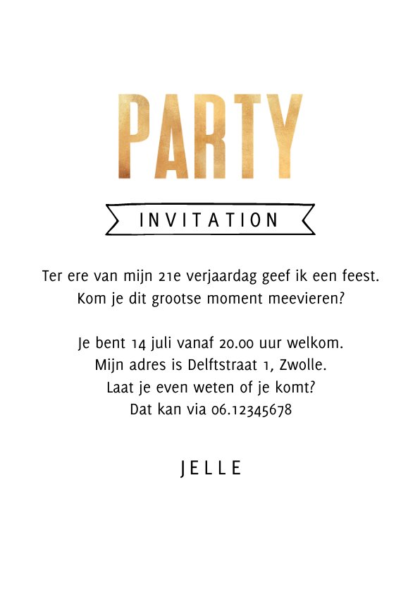 Uitnodigingskaart bier party foto confetti goud Kaartje2go