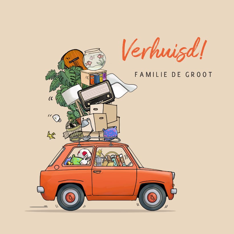 Verhuiskaart kleine auto rood met | Kaartje2go