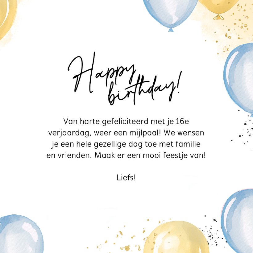 Verjaardagskaart blauwe cijferballon 16 happy