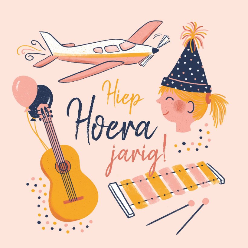 Verjaardagskaart muziek en vliegtuig Kaartje2go