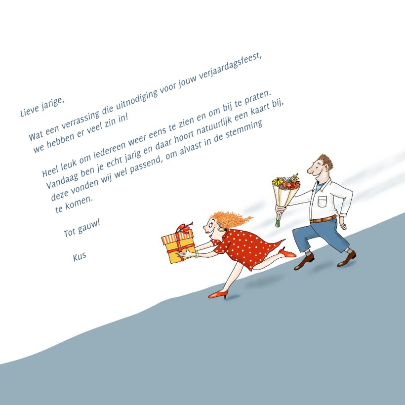 Verjaardagskaartje hollende man en vrouw | Kaartje2go