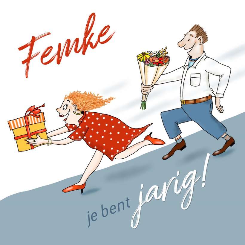 Verjaardagskaartje hollende man en vrouw | Kaartje2go