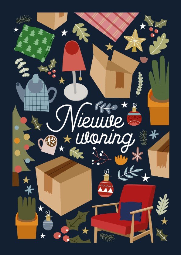 Vrolijke kerstverhuiskaart met illustraties Kaartje2go