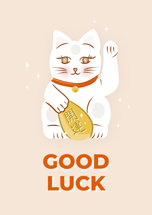 Vrolijke wenskaart met lucky cat good luck Kaartje2go
