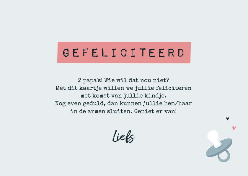 Felicitatiekaart kindje op komst homo baby papa | Kaartje2go