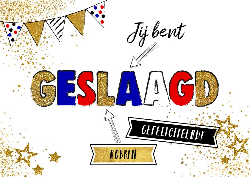 Geslaagd! Hippe felicitatie kaart slingers en | Kaartje2go