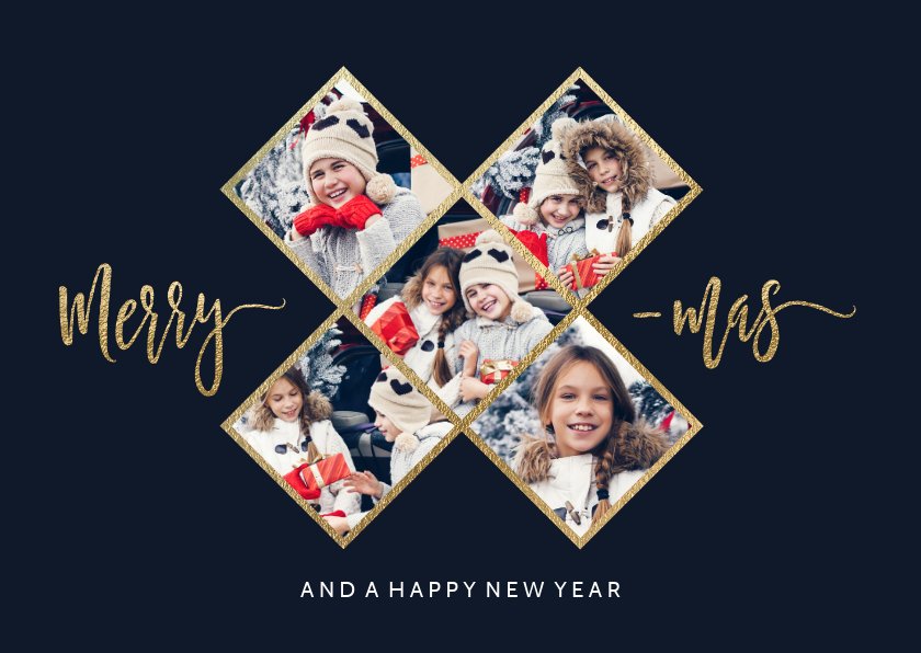 Hippe fotocollage kerstkaart met 5 fotos gouden | Kaartje2go