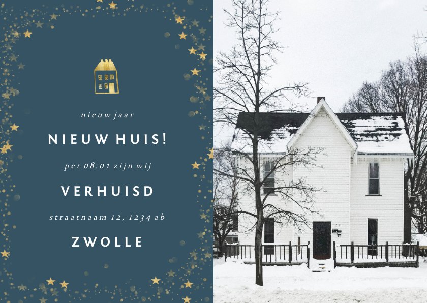 Kerstverhuiskaartje met foto en gouden huisje Kaartje2go