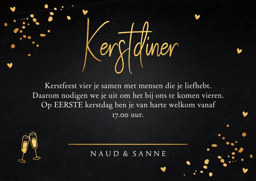 Kerstdiner Uitnodiging Zwart Goudlook Confetti | Kaartje2go