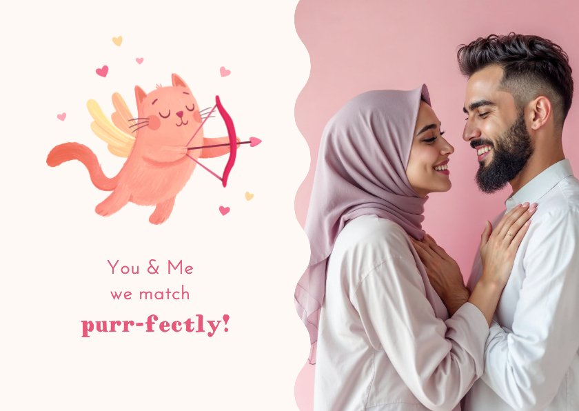 Wenskaart purrfect match kat cupido liefde foto | Kaartje2go