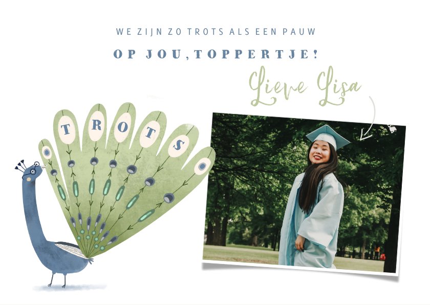 Zo trots als een pauw illustratie geslaagd | Kaartje2go