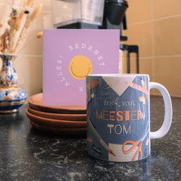 Mok bedrukken met ontwerp voor juf of meester