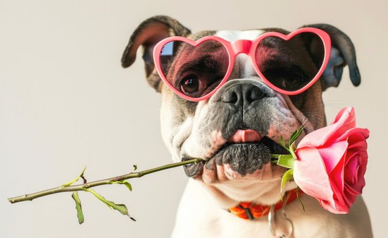 Hond met hartjeszonnebril op zijn hoofd en roos in zijn mond