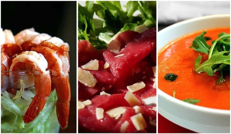 Garnalencocktail, Romige tomatensoep en Rundercarpaccio