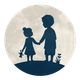 Silhouet broer met zusje hand in hand - met maan