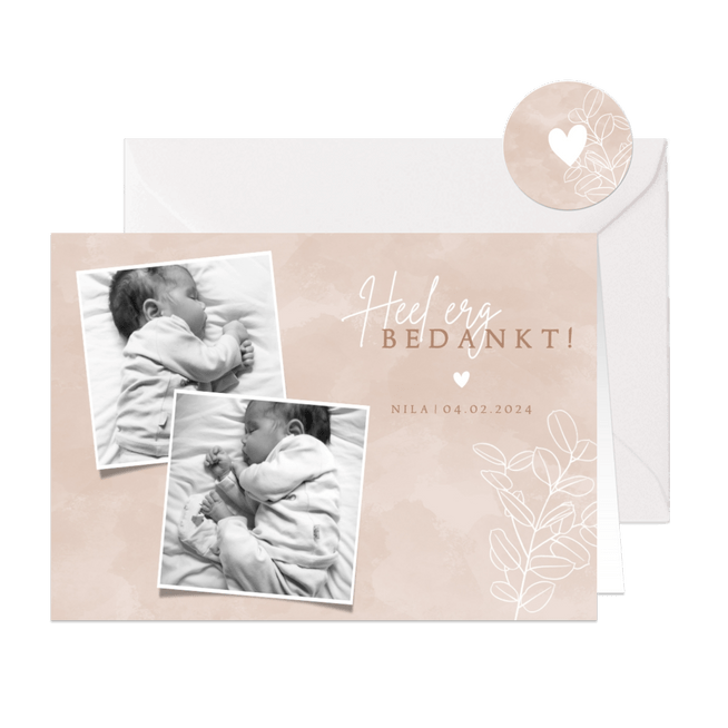 Lief geboorte bedankkaartje met foto's en eucalyptus