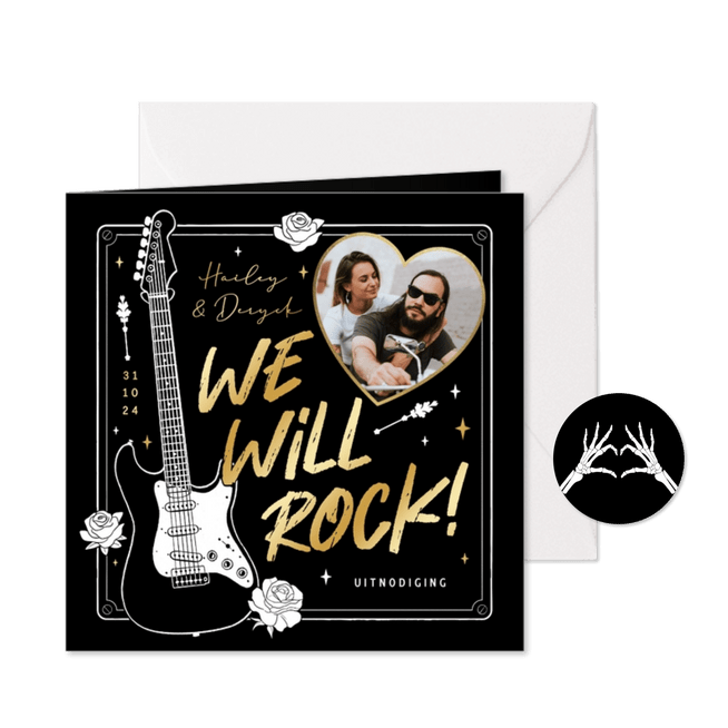 Trouwkaart we will rock romantisch zwart goud metal