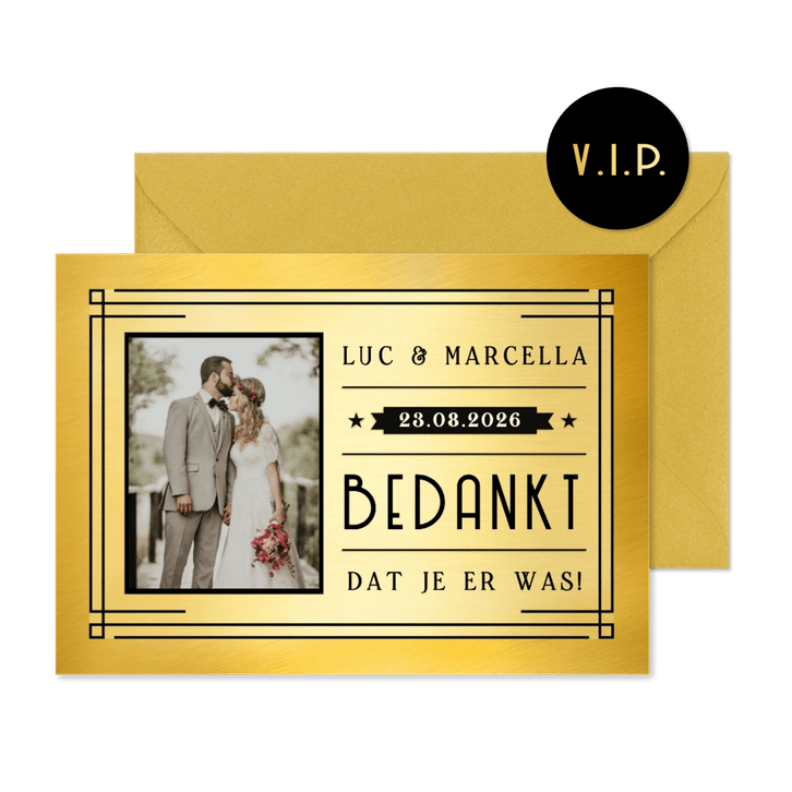 Bedankkaart trouwen met foto in retro VIP ticket stijl