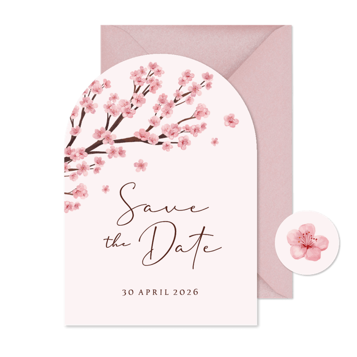 Boogkaart save the date lente bloesem roze romantisch