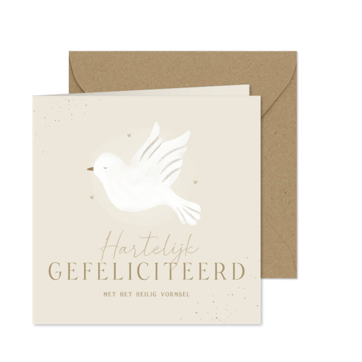 Felicitatiekaart heilig vormsel beige duif hartjes