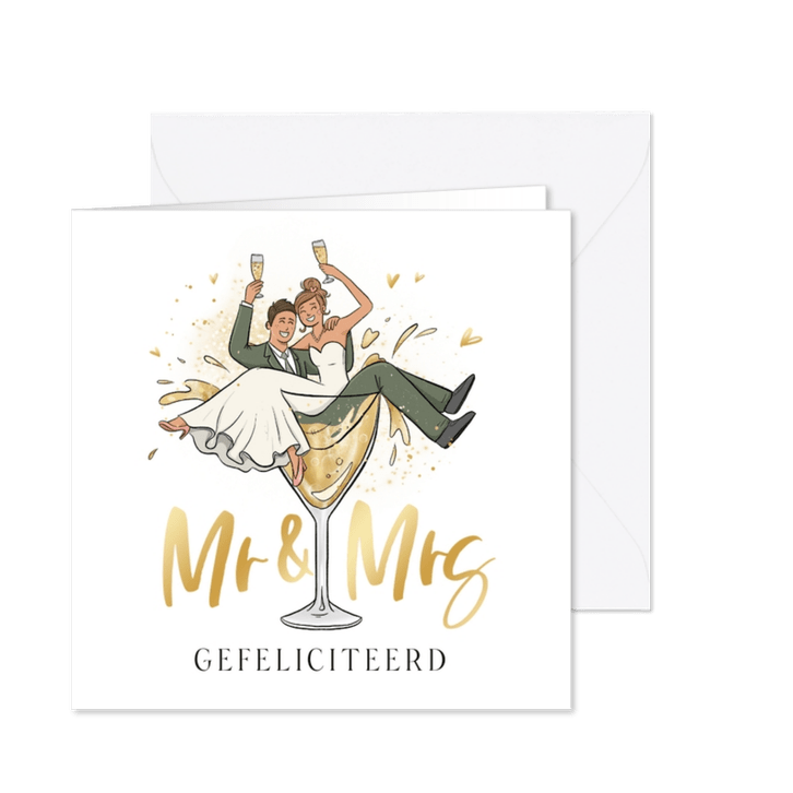 Felicitatiekaart mr and mrs champagne grappig cartoon goud